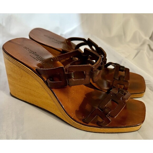 Vintage Stephane Kelian Brown Leather And Wood Platform Wedge Sandals Sz 9.5 - Picture 8 of 16